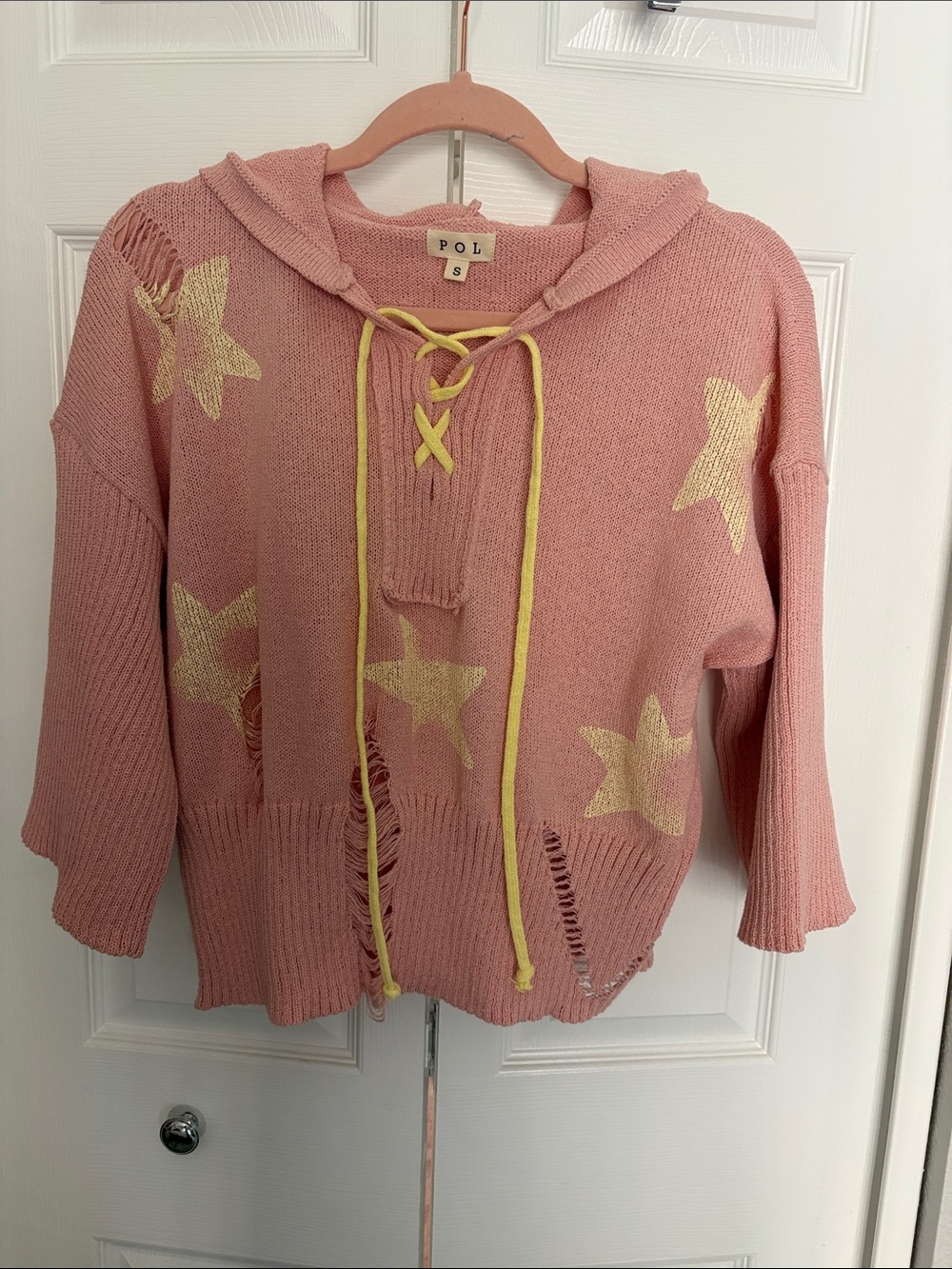 POL Pink V-Neck Hooded Sweater with Yellow Star Motifs